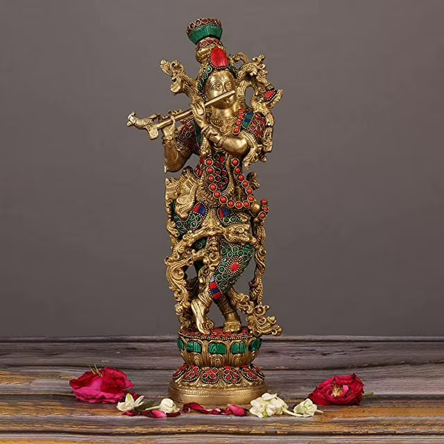 14" Krishna Idol: Brass with Stonework, 14-Inch Masterpiece