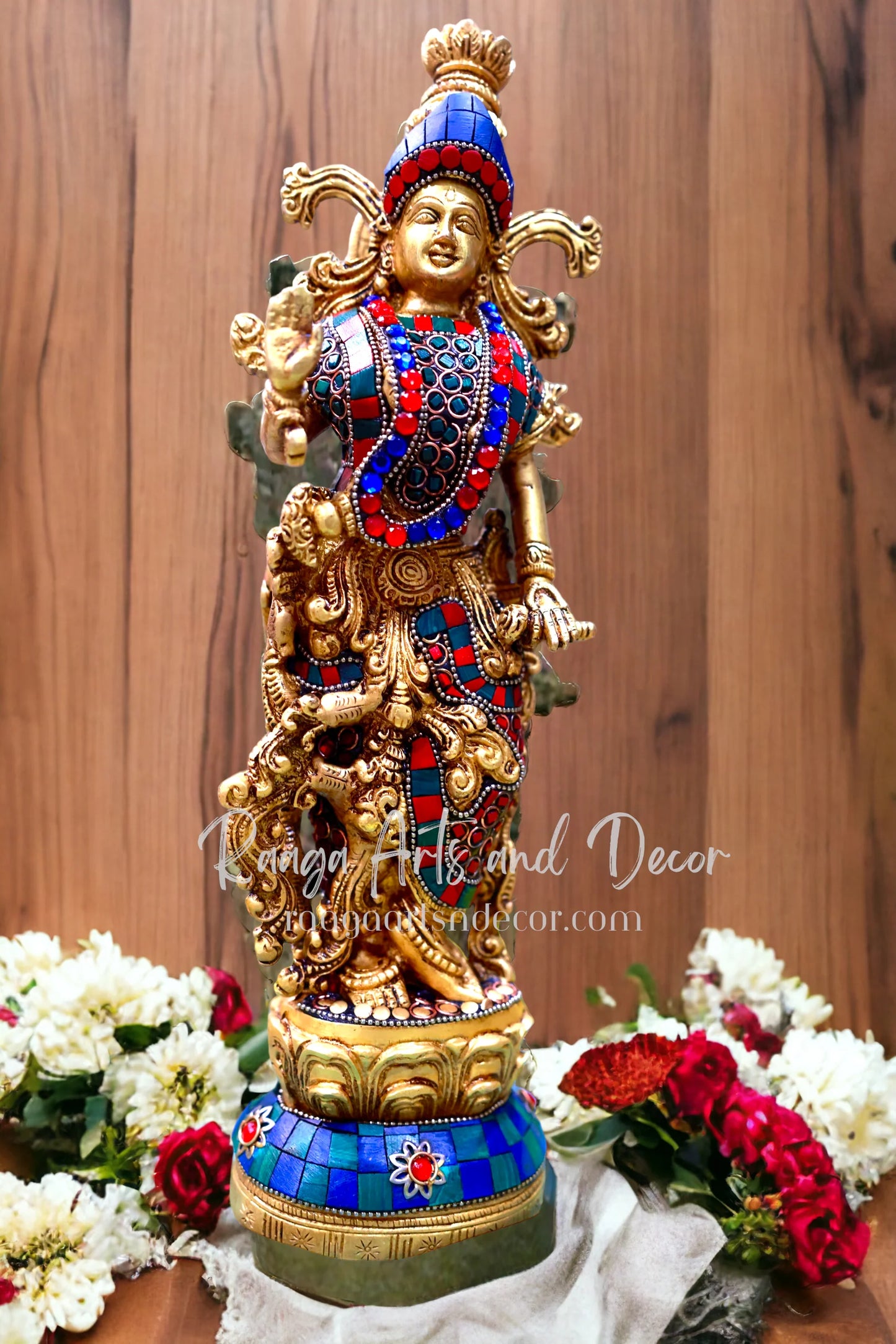 14" Krishna Idol: Brass with Stonework, 14-Inch Masterpiece