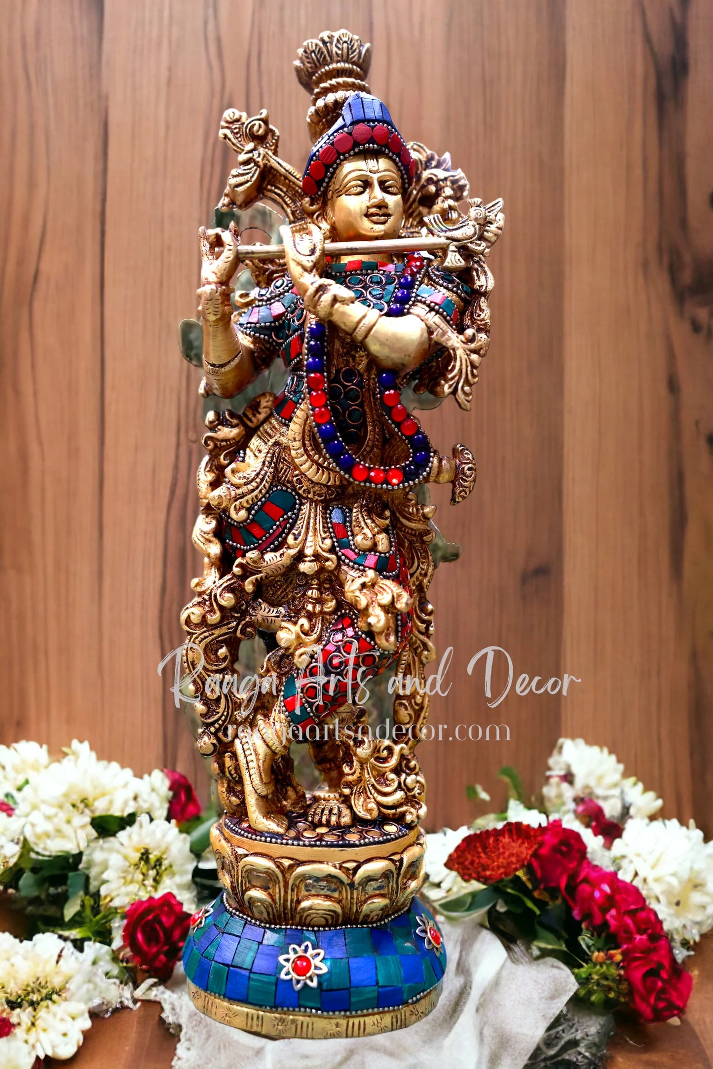 14" Krishna Idol: Brass with Stonework, 14-Inch Masterpiece