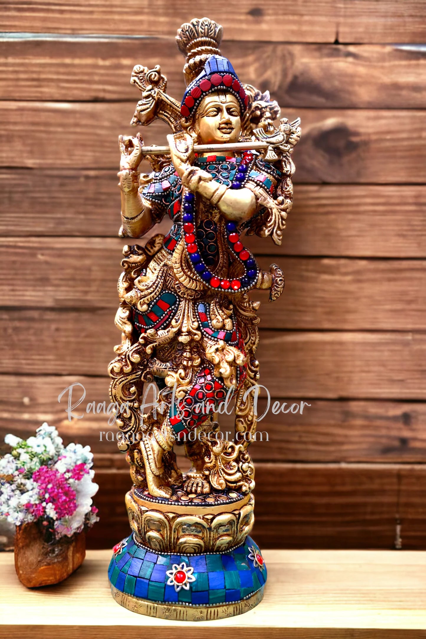 14" Krishna Idol: Brass with Stonework, 14-Inch Masterpiece