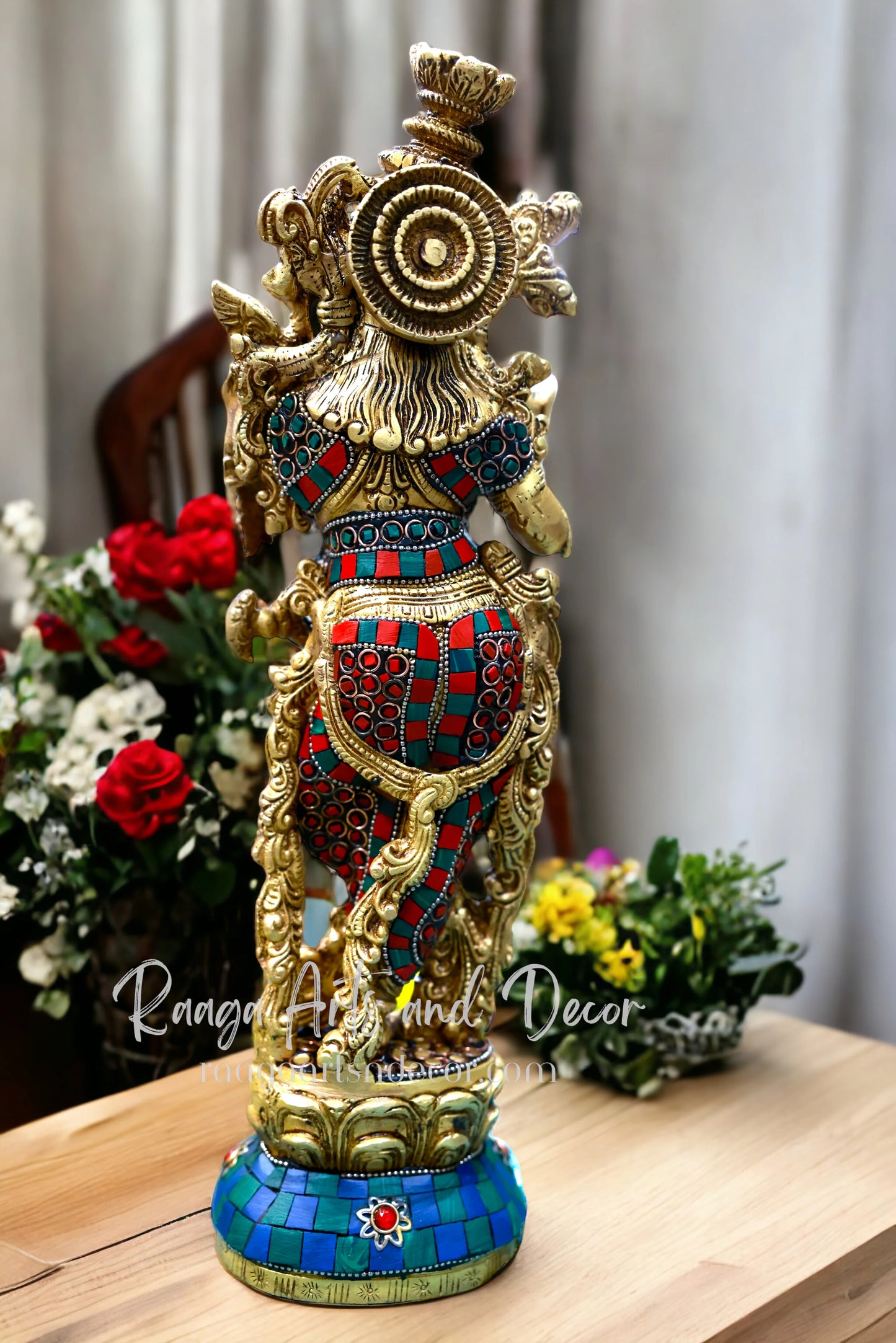14" Krishna Idol: Brass with Stonework, 14-Inch Masterpiece