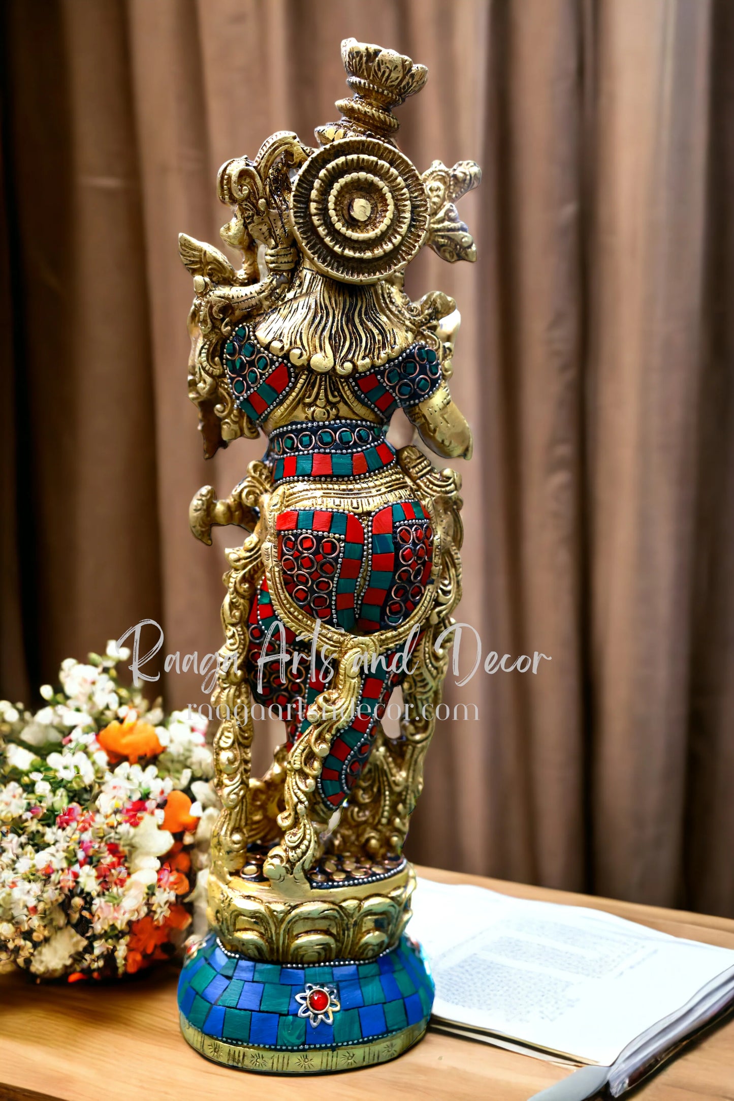 14" Krishna Idol: Brass with Stonework, 14-Inch Masterpiece