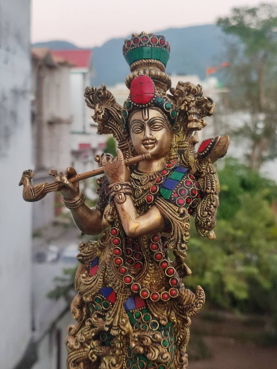 14" Krishna Idol: Brass with Stonework, 14-Inch Masterpiece