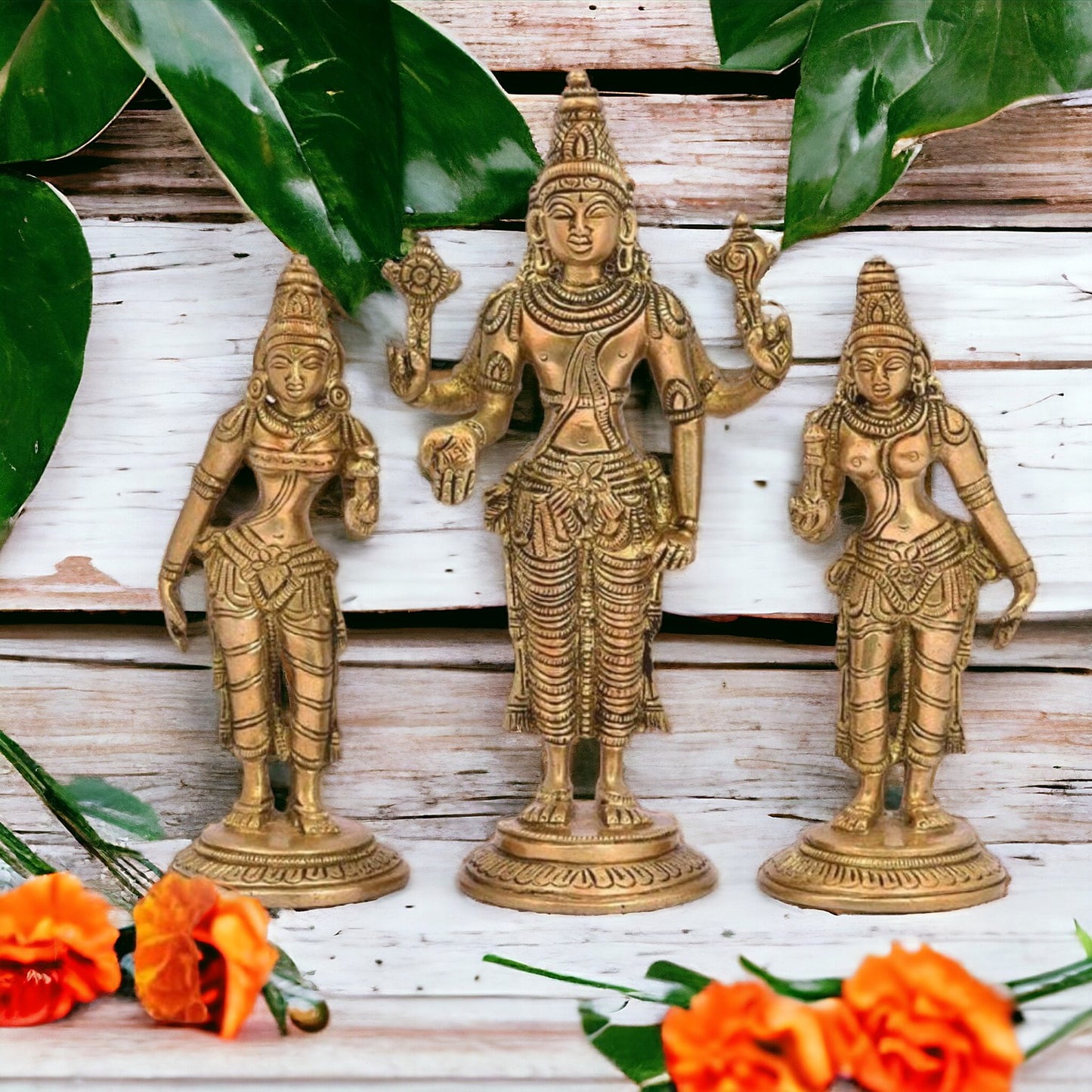 Brass Lord Vishnu with Bhudevi and Sridevi