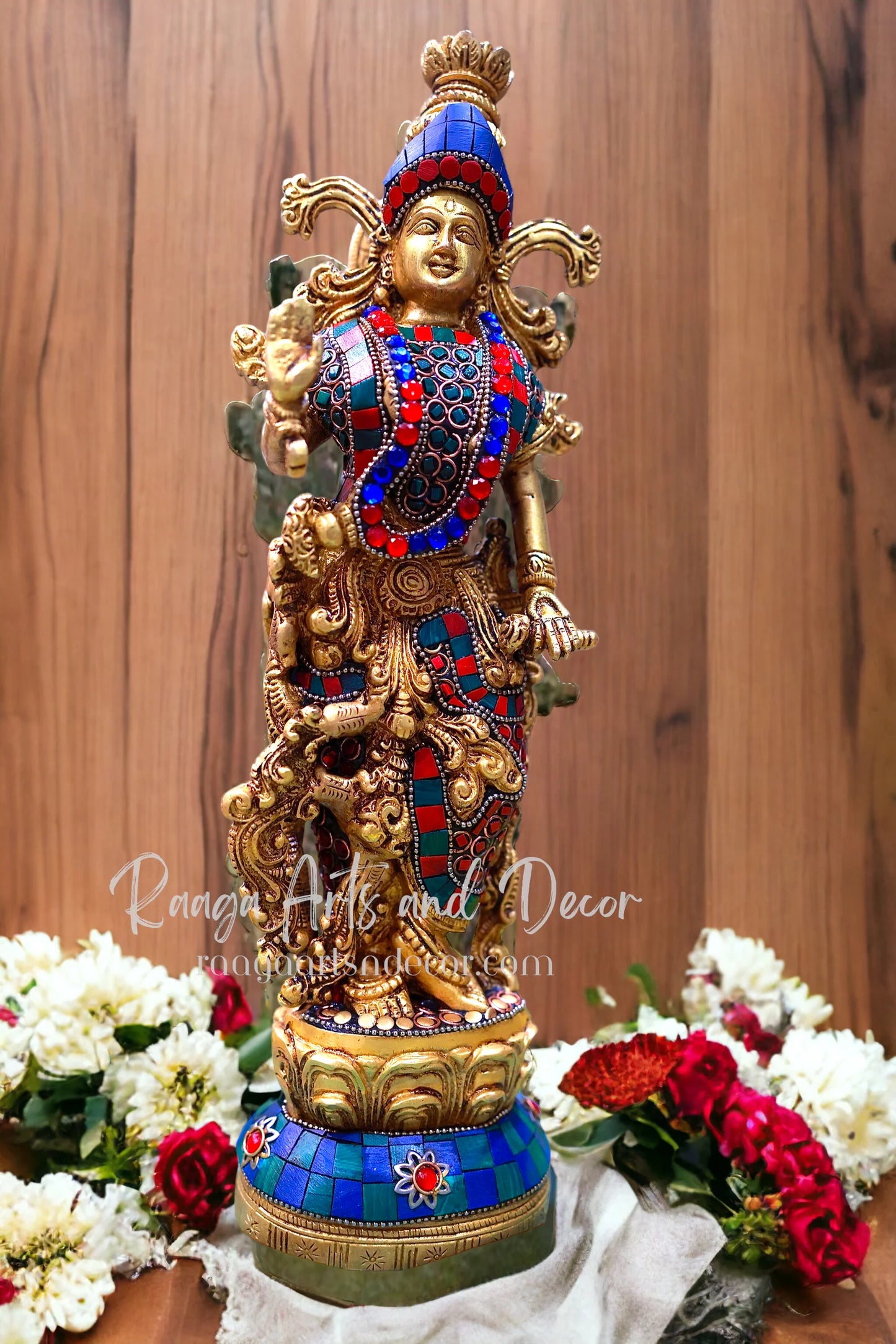 14" Krishna Idol: Brass with Stonework, 14-Inch Masterpiece