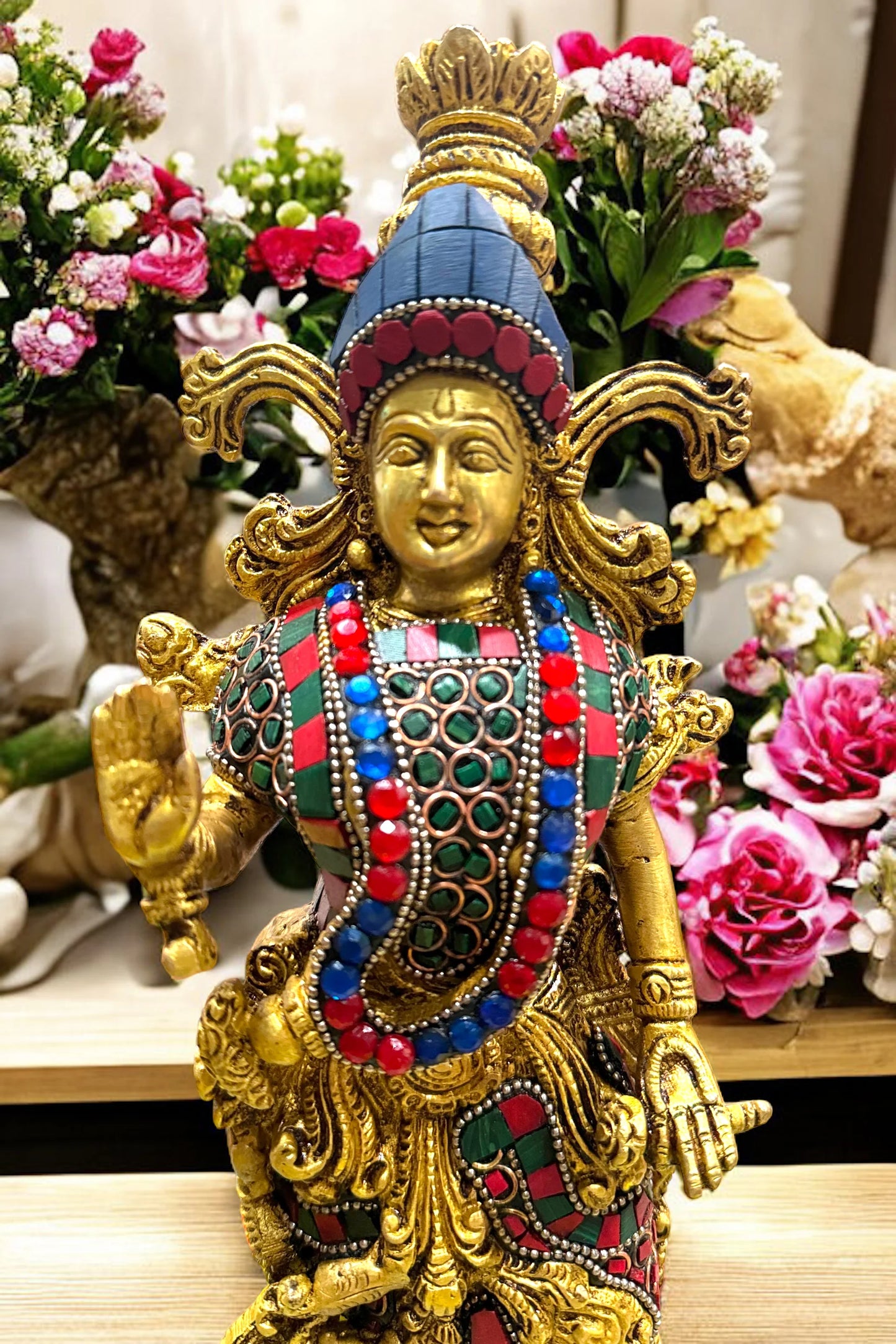 14" Krishna Idol: Brass with Stonework, 14-Inch Masterpiece