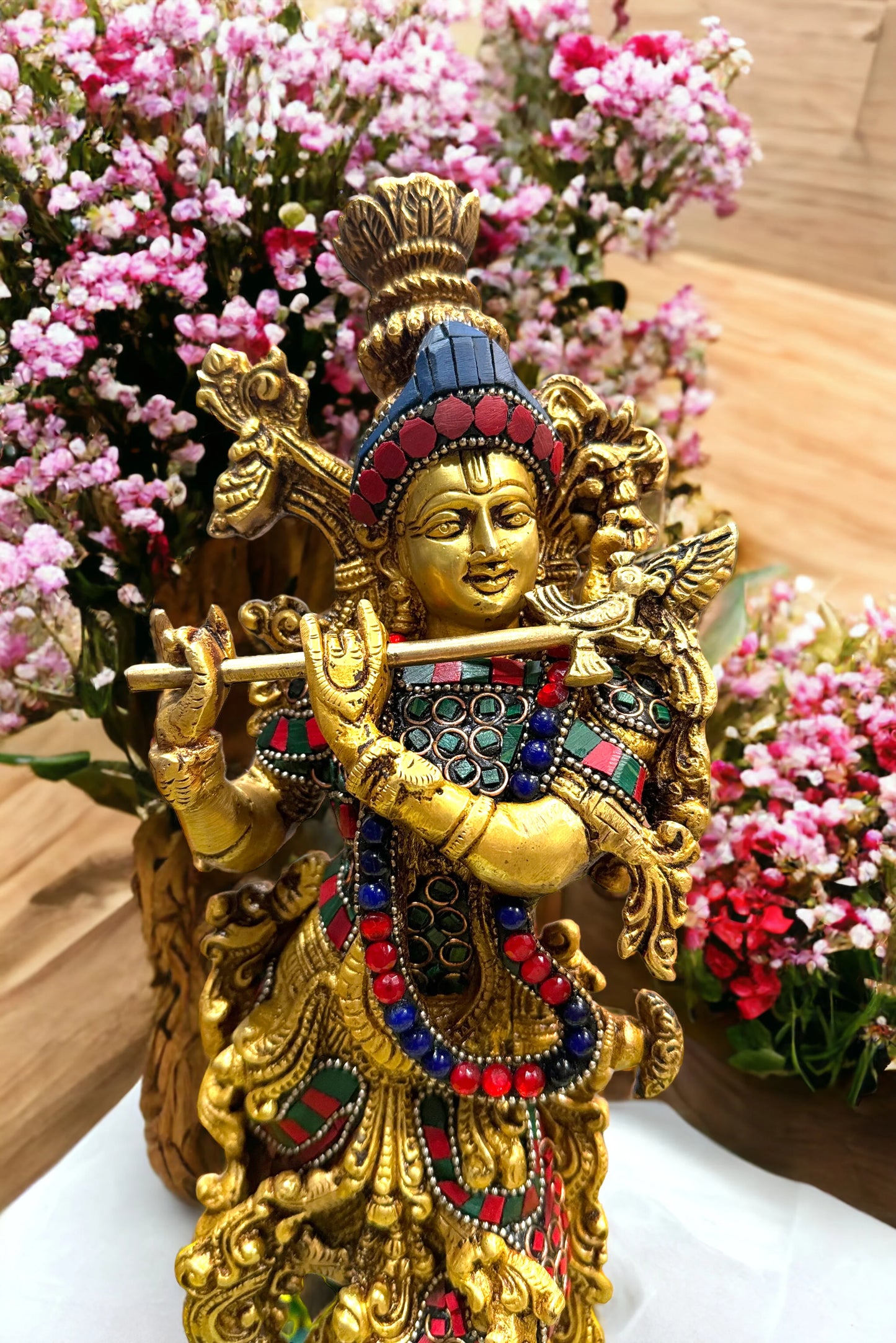 14" Krishna Idol: Brass with Stonework, 14-Inch Masterpiece