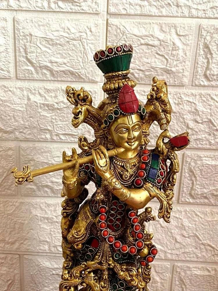 14" Krishna Idol: Brass with Stonework, 14-Inch Masterpiece