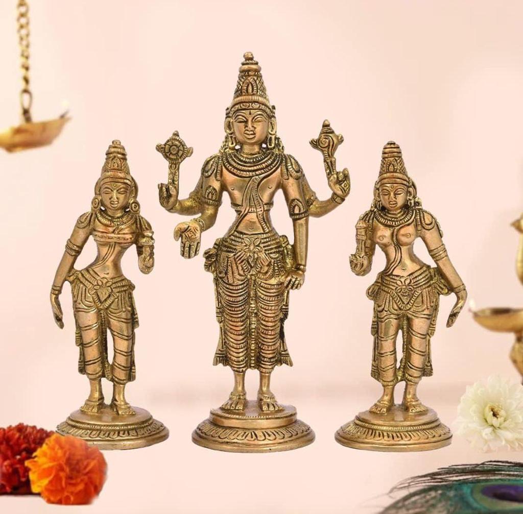 Brass Lord Vishnu with Bhudevi and Sridevi